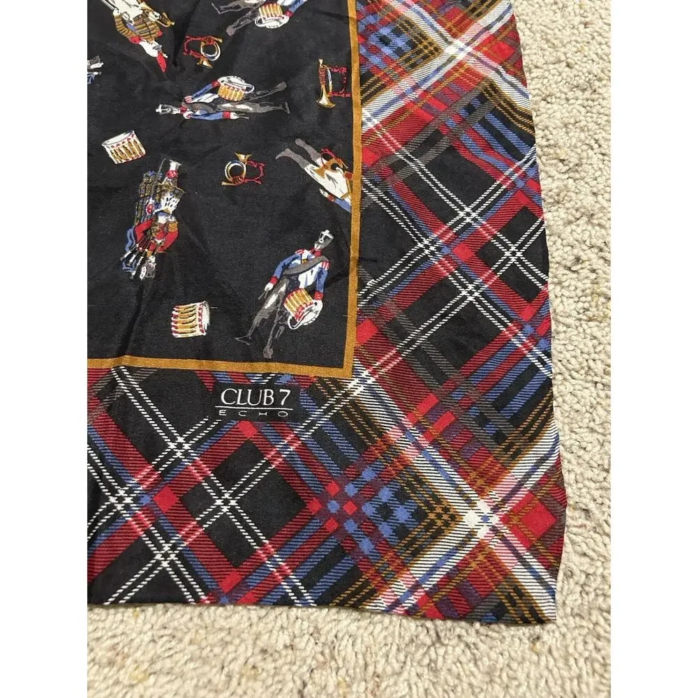 Club 7 Echo Women's SCARF 30” Square Military Band Plaid Black Blue Red J25